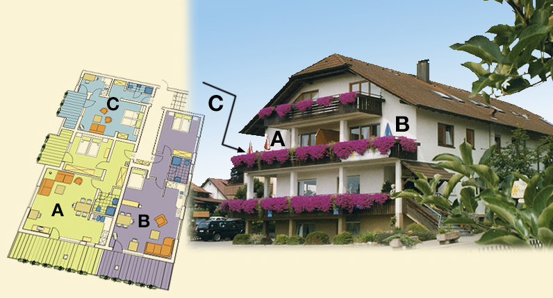 Haus mit Plan der Wohnungen